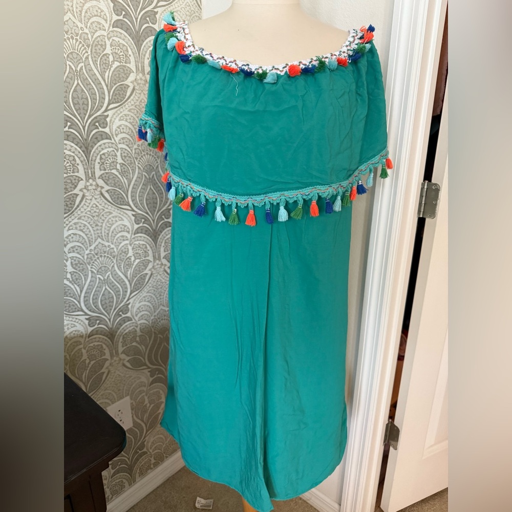 India Boutique Teal dress with Multicolor Tassels one size